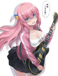 Rule 34 | 1girl, bad id, bad twitter id, black skirt, blue eyes, bocchi the rock!, breasts, cleavage, cube hair ornament, electric guitar, gotoh hitori, guitar, hair ornament, highres, holding, holding instrument, instrument, jacket, large breasts, long hair, long sleeves, looking at viewer, open mouth, pink hair, pink jacket, simple background, skirt, solo, speech bubble, thighs, tonee, translation request, white background