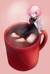 Rule 34 | 1girl, black dress, coffee mug, collar, cup, dress, drink, fate/grand order, fate (series), food, glasses, hair over one eye, harukappa, highres, hot chocolate, in container, in cup, in food, jacket, light purple hair, looking at viewer, marshmallow, mash kyrielight, mini person, minigirl, mug, necktie, pantyhose, purple eyes, purple hair, short hair, smile, solo, steam