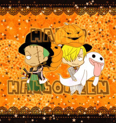 Rule 34 | 2boys, blonde hair, chibi, formal, ghost, green hair, hair over one eye, halloween, hat, jack-o&#039;-lantern, lowres, male focus, multiple boys, one-eyed, one piece, pinstripe pattern, pinstripe suit, roronoa zoro, sanji (one piece), sheath, sheathed, stitches, striped, suit, sword, weapon