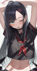 Rule 34 | 1girl, absurdres, aqua eyes, arms behind head, black choker, black hair, black sailor collar, black serafuku, blue archive, blush, choker, collarbone, commentary request, hair ornament, hair tie in mouth, hairclip, halo, hidulume, highres, ichika (blue archive), long hair, looking at viewer, midriff, mouth hold, navel, neckerchief, one eye closed, red neckerchief, sailor collar, school uniform, serafuku, short sleeves, solo, stomach, sweat, upper body