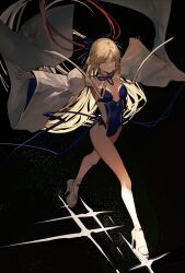 Rule 34 | 1girl, absurdres, albino (a1b1n0623), artoria caster (fate), artoria caster (swimsuit) (fate), artoria caster (swimsuit) (third ascension) (fate), artoria pendragon (fate), bare legs, black background, blonde hair, blue bow, blue one-piece swimsuit, blue ribbon, bow, breasts, closed eyes, clothing cutout, detached collar, detached sleeves, facial mark, fate/grand order, fate (series), forehead mark, full body, gold trim, hair bow, hair ribbon, high heels, highres, juliet sleeves, light smile, long hair, long sleeves, one-piece swimsuit, outstretched arms, outstretched leg, parted bangs, platform footwear, platform heels, puffy sleeves, red ribbon, ribbon, side cutout, simple background, small breasts, solo, standing, striped bow, striped ribbon, swimsuit, toeless footwear, toes, walking, white sleeves, wide sleeves, yellow footwear