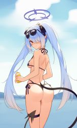 Rule 34 | 1girl, absurdres, ass, back, bare arms, bare shoulders, bikini, black bikini, black ribbon, blue archive, blue hair, blue sky, blush, breasts, closed mouth, day, demon tail, eyewear on head, from behind, gk guoke, hair over one eye, hair ribbon, halo, highres, holding, iori (blue archive), iori (swimsuit) (blue archive), long hair, looking at viewer, looking back, lotion bottle, multi-strapped bikini bottom, outdoors, red eyes, ribbon, side-tie bikini bottom, sideboob, skindentation, sky, small breasts, smile, solo, sunglasses, swimsuit, tail, thigh strap, twintails, very long hair, water