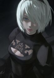 Rule 34 | 1girl, 2b (nier:automata), absurdres, black dress, black hairband, blue eyes, breasts, cleavage, cleavage cutout, clothing cutout, commentary, dress, expressionless, hair over one eye, hairband, highres, juliet sleeves, long sleeves, looking at viewer, medium breasts, medium hair, mole, mole under mouth, nier:automata, nier (series), puffy sleeves, solo, turtleneck dress, upper body, uqi32, white hair
