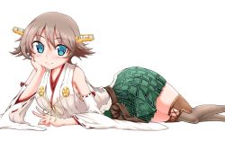 Rule 34 | 1girl, blue eyes, boots, brown hair, commentary request, detached sleeves, feet out of frame, flipped hair, green skirt, hairband, hand on own face, headgear, hiei (kancolle), japanese clothes, kantai collection, looking at viewer, lying, on side, oohashi yanta, plaid, ribbon-trimmed sleeves, ribbon trim, short hair, simple background, skirt, smile, solo, thigh boots, thighhighs, white background