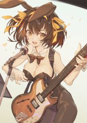 Rule 34 | 1girl, animal ears, black bow, black bowtie, black leotard, black pantyhose, bow, bowtie, breasts, brown eyes, brown hair, cleavage, commentary, cowboy shot, detached collar, electric guitar, english commentary, fake animal ears, guitar, hair between eyes, hair ribbon, highres, holding, holding instrument, hxxg, instrument, italia mondial, leotard, looking at viewer, medium breasts, microphone stand, music, open mouth, pantyhose, playboy bunny, plectrum, rabbit ears, ribbon, short hair, simple background, singing, solo, suzumiya haruhi, suzumiya haruhi no yuuutsu, tsurime, white background, wrist cuffs