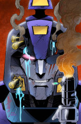 Rule 34 | 1boy, alex milne, blurr (transformers), bullet, comic cover, commentary, derivative work, energon, english commentary, glowing, glowing eye, gun, head only, highres, looking at viewer, mecha, official art, one eye covered, pink eyes, robot, scar, scar across eye, scar on face, science fiction, smile, smoke, smoking gun, solo, the transformers (idw), transformers, transformers shattered glass, weapon