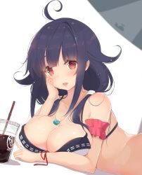 Rule 34 | 1girl, :d, ahoge, armband, bikini, blush, breasts, cleavage, collarbone, commentary request, drink, drinking straw, hair flaps, highres, kagerou (shadowmage), kantai collection, large breasts, long hair, low twintails, lying, magatama, on stomach, open mouth, parasol, purple hair, red eyes, red ribbon, ribbon, shadow, simple background, smile, solo, swimsuit, taigei (kancolle), twintails, umbrella, upper body, white background, white bikini