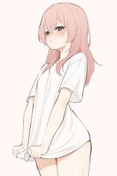 Rule 34 | 1girl, absurdres, black eyes, blush, commentary, cowboy shot, frown, hair between eyes, highres, inui sajuna, long hair, looking at viewer, no pants, pink hair, shirt, shirt tug, short sleeves, simple background, solo, sono bisque doll wa koi wo suru, the cold, white background, white shirt