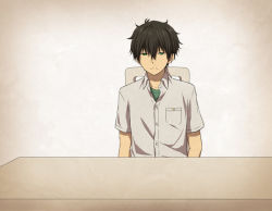 Rule 34 | 10s, 1boy, black hair, breast pocket, chair, closed mouth, collarbone, collared shirt, dress shirt, expressionless, gradient background, green eyes, grey shirt, hair between eyes, hyouka, male focus, oreki houtarou, pocket, rito453, shirt, short hair, sitting, solo, table, upper body, wing collar