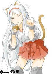 Rule 34 | 10s, 1girl, animal ears, artist name, bebebe (pepegakii), cat ears, cat tail, closed eyes, fingerless gloves, gloves, hairband, highres, japanese clothes, kantai collection, long hair, personification, shoukaku (kancolle), silver hair, skirt, solo, tail, very long hair, white background