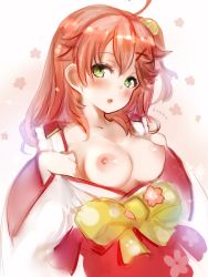 Rule 34 | 1girl, ahoge, bad id, bad twitter id, blush, breasts, breasts out, cherry blossoms, collarbone, floral print, green eyes, hair between eyes, hair ornament, hairclip, highres, hololive, nanashi (nlo), nipples, no bra, one side up, open mouth, pink hair, sakura miko, sakura miko (1st costume), solo, teeth, undressing, upper teeth only, virtual youtuber