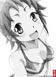 Rule 34 | 10s, 1girl, :d, ano natsu de matteru, arisawa chiharu, bare shoulders, bikini, bikini top only, blush stickers, breasts, cleavage, from above, gofu, greyscale, looking at viewer, looking up, monochrome, open mouth, short hair, smile, solo, swimsuit, traditional media