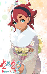 Rule 34 | 1girl, black hairband, blue eyes, chinese zodiac, commentary, cowboy shot, dark-skinned female, dark skin, english text, floral print, fur scarf, furisode, grey kimono, gundam, gundam suisei no majo, hair ornament, hairband, hairpin, happy new year, highres, japanese clothes, kimono, long hair, long sleeves, looking at viewer, low ponytail, makoto daikichi, new year, obi, parted lips, print kimono, red hair, sash, smile, solo, suletta mercury, v arms, wide sleeves, year of the rabbit