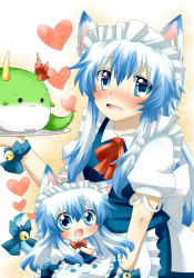 Rule 34 | 2girls, :3, alternate costume, animal ears, apron, arms up, bad id, bad pixiv id, bell, blue dress, blue eyes, blue hair, blush, bow, cat ears, cat girl, cat tail, chibi, child, dress, enmaided, ex-keine, expressive clothes, fang, female focus, hands on own chest, heart, horn ornament, horn ribbon, horns, kamishirasawa keine, kamishirasawa keine (hakutaku), kemonomimi mode, long hair, maid, maid apron, maid headdress, multiple girls, open mouth, plate, rebecca (keinelove), ribbon, smile, sukusuku hakutaku, tail, tail bell, tail bow, tail ornament, touhou, waist apron, wrist ribbon, aged down
