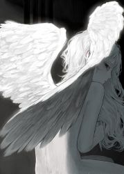 Rule 34 | 1girl, angel wings, black background, colored skin, dagger, feathered wings, greyscale, highres, holding, holding dagger, holding knife, holding weapon, knife, long hair, looking at viewer, looking back, monochrome, nude, original, shadow, sitting, solo, tayumeru, weapon, white hair, wings