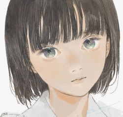 Rule 34 | 1girl, black hair, blunt bangs, blunt ends, bob cut, close-up, closed mouth, eyelashes, green eyes, grey background, head tilt, highres, light smile, looking at viewer, matayoshi, original, portrait, short hair, signature, simple background, solo, unfinished, wing collar