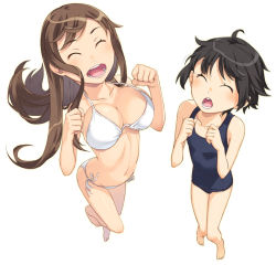 Rule 34 | 2girls, ^ ^, bad id, bad pixiv id, barefoot, bikini, black hair, blue one-piece swimsuit, breasts, brown hair, cleavage, clenched hands, closed eyes, eyebrows, floating hair, full body, jumping, kimura (ykimu), knees together feet apart, large breasts, long hair, multiple girls, navel, one-piece swimsuit, original, school swimsuit, short hair, side-tie bikini bottom, simple background, small breasts, stomach, strap gap, swimsuit, white background, white bikini