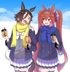 Rule 34 | 2girls, animal ears, blue scarf, blush, brown eyes, brown hair, cup, daiwa scarlet (umamusume), day, fang, feeding, hair over one eye, highres, holding, holding cup, horse ears, horse girl, horse tail, hoyon, long hair, long sleeves, looking at another, multicolored hair, multiple girls, open mouth, outdoors, pink eyes, pleated skirt, scarf, skirt, smile, snow, streaked hair, tail, thighhighs, twintails, umamusume, very long hair, vodka (umamusume), white hair, yellow scarf