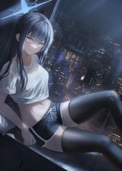 Rule 34 | 1girl, absurdres, black hair, black shorts, black thighhighs, blue archive, blue eyes, blue halo, breasts, cityscape, closed mouth, cropped shirt, dolphin shorts, flippy (cripine111), grey eyes, hair between eyes, halo, highres, long hair, looking at viewer, medium breasts, navel, night, night sky, reclining, saori (blue archive), shirt, short sleeves, shorts, sitting, sky, solo, thighhighs, white shirt, windowsill