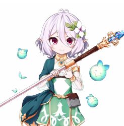 Rule 34 | 1girl, antenna hair, bare shoulders, blush, bridal gauntlets, closed mouth, cowboy shot, detached sleeves, dress, flower, hair flower, hair ornament, holding, holding spear, holding weapon, kokkoro (princess connect!), kuena, long sleeves, pointy ears, polearm, princess connect!, princess connect!, puffy long sleeves, puffy sleeves, red eyes, see-through, see-through sleeves, silver hair, simple background, sleeveless, sleeveless dress, smile, solo, spear, weapon, white background, white dress, white flower