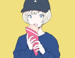 Rule 34 | 1girl, ame (amemgmgmg), bad id, bad pixiv id, baseball cap, blue eyes, blue sweater, crepe, food, hat, holding, holding food, long sleeves, looking at viewer, open mouth, original, short hair, signature, silver hair, simple background, solo, sweater, upper body, yellow background