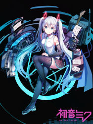Rule 34 | 1girl, acoustic guitar, amplifier, aqua eyes, aqua hair, bass guitar, black background, boots, character name, detached sleeves, full body, guitar, hatsune miku, highres, instrument, light smile, long hair, looking at viewer, necktie, skirt, solo, thigh boots, thighhighs, twintails, very long hair, vocaloid, x-red flower