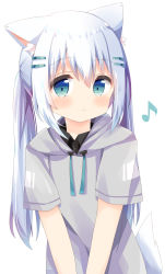 Rule 34 | 1girl, absurdres, animal ear fluff, animal ears, black shirt, blue eyes, blue hair, blush, closed mouth, collared shirt, commentary request, drawstring, eighth note, green hair, grey hoodie, hair between eyes, hair ornament, hairclip, highres, hood, hood down, hoodie, long hair, looking at viewer, multicolored eyes, musical note, nakkar, original, shirt, short sleeves, sidelocks, simple background, solo, tail raised, twintails, umimachi misaki, upper body, v arms, very long hair, white background