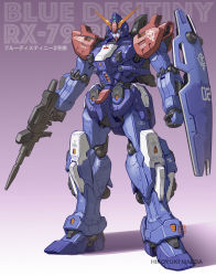 Rule 34 | absurdres, artist name, beam saber, blue destiny 02, character name, clenched hand, full body, green eyes, gun, gundam, gundam side story: the blue destiny, highres, holding, holding gun, holding weapon, maeda hiroyuki, mecha, mobile suit, redesign, robot, science fiction, shadow, shield, solo, standing, v-fin, weapon, zeon