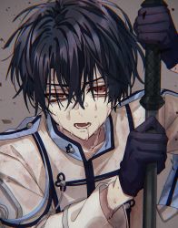 Rule 34 | 1boy, black hair, exhausted, gloves, highres, holding, holding weapon, long sleeves, looking at viewer, mahoutsukai no yakusoku, male focus, naruta iyo, open mouth, red eyes, scythe, shino sherwood, short hair, simple background, solo, sweat, sweatdrop, teeth, weapon