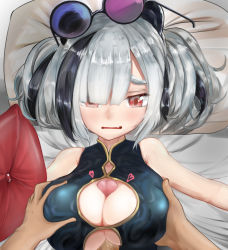 Rule 34 | 1boy, 1girl, animal ears, arknights, bed sheet, black hair, blush, breasts, breasts squeezed together, ever (nann2013), eyewear on head, feater (arknights), grabbing, grabbing another&#039;s breast, grey hair, hetero, large breasts, long hair, lying, multicolored hair, on back, paizuri, paizuri under clothes, panda ears, penis, pillow, pov, red eyes, solo focus, straddling, straddling paizuri, sunglasses, two-tone hair, uncensored