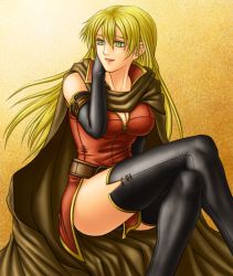 Rule 34 | 1girl, belt, black panties, blonde hair, boots, breasts, cape, cleavage, dress, elbow gloves, fire emblem, fire emblem: the binding blade, gloves, igrene (fire emblem), large breasts, long hair, mole, nintendo, panties, pantyshot, short dress, side slit, sitting, sleeveless, solo, thigh boots, thighhighs, underwear, yellow eyes