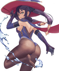 Rule 34 | 1girl, accidental exposure, ass, back, bare shoulders, breasts, cowboy shot, detached sleeves, feet, from behind, genshin impact, green eyes, hat, highres, leg up, leotard, long hair, looking back, mona (genshin impact), nipple slip, nipples, no shoes, pantyhose, purple hair, shoulder blades, sideboob, simple background, small breasts, solo, toes, twintails, wardrobe malfunction, white background, witch hat, zefrableu