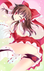 Rule 34 | 1girl, :p, ;p, ass, bow, brown hair, covering privates, covering crotch, detached sleeves, female focus, finger to own chin, hair bow, hakurei reimu, highres, hinasaki you, long hair, no panties, ofuda, one eye closed, red eyes, ribbon-trimmed sleeves, ribbon trim, smile, solo, teasing, tongue, tongue out, touhou, translation request, wink, yin yang