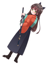 Rule 34 | 1girl, black bow, black footwear, black hakama, blush, boots, bow, breasts, brown hair, closed mouth, commentary request, denen9861, dutch angle, from behind, full body, green eyes, hair bow, hakama, hakama skirt, half updo, holding, holding weapon, japanese clothes, katana, kimono, long hair, long sleeves, looking at viewer, looking back, meiji schoolgirl uniform, multicolored clothes, multicolored kimono, sheath, simple background, skirt, small breasts, smile, solo, sparkle, standing, sword, tatsumi kon, urara meirochou, weapon, white background, wide sleeves