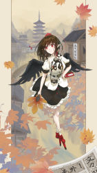 Rule 34 | 1girl, absurdres, autumn leaves, bare legs, bird wings, black hair, black ribbon, black skirt, black wings, book, bridge, buttons, camera, closed mouth, collared shirt, fasnakegod, feathered wings, fog, frilled skirt, frilled socks, frills, geta, hair between eyes, hat, highres, holding, holding book, house, leaf, legs, looking to the side, medium hair, newspaper, pen, pointy ears, puffy sleeves, red button, red eyes, red footwear, red hat, ribbon, scenery, shameimaru aya, shirt, short sleeves, skirt, sky, socks, solo, tengu, tengu-geta, tokin hat, touhou, village, white shirt, white sleeves, wings