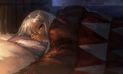 Rule 34 | 1girl, bed, blanket, female focus, lying, on bed, original, ox (baallore), pillow, ramina (baallore), red eyes, solo, under covers, white hair