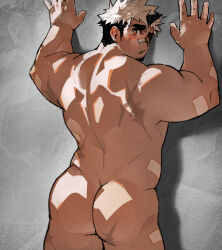 Rule 34 | 1boy, :o, against wall, akiha gongen (housamo), arms up, ass, ass focus, back, bandaid, bandaid on face, bandaid on nose, bara, blush, completely nude, facial hair, feet out of frame, from behind, goatee, highres, horns, long sideburns, looking at viewer, looking back, male focus, multicolored hair, muscular, muscular male, nude, shy, sideburns, single horn, solo, thick eyebrows, tokyo houkago summoners, two-tone hair, undercut, variant set, white hair, younine01