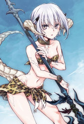Rule 34 | 10s, 1girl, animal print, au ra, bandeau, bare shoulders, bikini, blue sky, breasts, brown eyes, choker, cleavage, cloud, collar, collarbone, cowboy shot, day, dragon girl, dragon horns, dragon tail, facial mark, final fantasy, final fantasy xiv, forehead mark, green eyes, groin, hair between eyes, holding, holding weapon, horns, leopard print, over shoulder, polearm, reitomo, sarong, scales, short hair, sky, small breasts, solo, spear, standing, swimsuit, tail, warrior of light (ff14), weapon, weapon over shoulder, white hair, wristband
