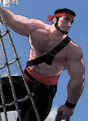 Rule 34 | 1boy, abs, arm hair, armpit hair, bara, beard, black pants, bulge, chest hair, chest harness, dopey (dopq), facial hair, harness, headband, highres, large pectorals, looking to the side, male focus, mature male, muscular, muscular male, nipples, original, pants, pectorals, pirate, rope, scar, scar on arm, scar on chest, short hair, smile, solo, stomach, thick eyebrows, thick thighs, thighs, topless male