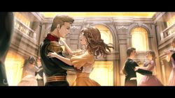 Rule 34 | 3boys, 3girls, aqua eyes, arch, ballroom, bare arms, blurry, blush, braid, brown eyes, brown hair, couple, crown braid, dancing, depth of field, dress, earrings, epaulettes, eye contact, facing away, from side, gloves, hair slicked back, hand on another&#039;s arm, hetero, highres, holding hands, indoors, jewelry, letterboxed, long hair, long sleeves, looking at another, manly, medium hair, multiple boys, multiple girls, nemoto yuuma, open mouth, original, out of frame, outstretched arms, ponytail, profile, railing, short sleeves, tiara, upper body, white gloves, yellow dress