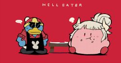 Rule 34 | ..., :t, :|, apron, black apron, closed mouth, fat, food, food on face, fusion, halftone, hands on own hips, helltaker, helltaker (character), highres, horns, king dedede, kirby, kirby (series), lucifer (helltaker), mole, mole under eye, nintendo, parody, rariatto (ganguri), red background, red eyes, red footwear, shoes, simple background, spoken ellipsis, sunglasses, table, title parody, white hair