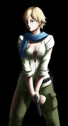 Rule 34 | 1girl, black background, blonde hair, blue eyes, breasts, capcom, cleavage, female focus, gun, highres, large breasts, legs, looking away, no bra, pocket, resident evil, resident evil 2, resident evil 6, scarf, sherry birkin, short hair, simple background, solo, standing, sweatdrop, thighs, thor (deep rising), torn clothes, unbuttoned, weapon