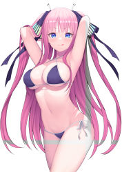 Rule 34 | 1girl, :q, absurdres, armpits, arms behind head, arms up, bare shoulders, bikini, black bikini, black ribbon, blue eyes, blunt bangs, blush, breasts, cleavage, closed mouth, collarbone, commentary request, cowboy shot, criss-cross halter, go-toubun no hanayome, green hair, hair ornament, hair ribbon, halterneck, highres, large breasts, long hair, looking at viewer, multicolored hair, nakano nino, navel, pink hair, ribbon, side-tie bikini bottom, simple background, smile, solo, stomach, streaked hair, string bikini, striped, swimsuit, thighs, tongue, tongue out, v-shaped eyebrows, very long hair, white background, yuri (chocho q)