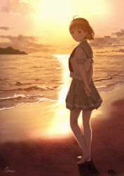 Rule 34 | 1girl, ahoge, arms behind back, backlighting, bad id, bad pixiv id, barefoot, beach, bow, braid, footprints, full body, hair bow, hand on own arm, highres, looking at viewer, looking back, love live!, love live! sunshine!!, neckerchief, ocean, orange hair, papi (papiron100), pleated skirt, red eyes, red neckerchief, school uniform, serafuku, short sleeves, side braid, signature, skirt, solo, standing, takami chika, tie clip, uranohoshi school uniform, yellow bow