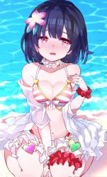 Rule 34 | 1girl, arm between legs, bare shoulders, bikini, black shirt, blush, breasts, caustics, choker, cleavage, collarbone, flower, glint, granblue fantasy, hair flower, hair ornament, halterneck, highres, jacket, looking at viewer, navel, nose blush, off shoulder, open mouth, red eyes, sand, scrunchie, shirt, short hair, sitting, small breasts, solo, swimsuit, tearing up, thigh strap, vikala (granblue fantasy), wariza, water, white jacket, wrist scrunchie, yoake