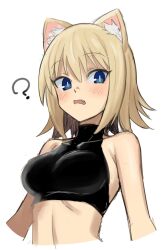 Rule 34 | 1girl, ?, animal ear fluff, animal ears, bare shoulders, blonde hair, blue eyes, blush, breasts, cat ears, crop top, fang, highres, looking at viewer, medium breasts, ogi non, open mouth, original, short hair, sketch, solo, upper body
