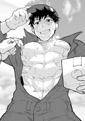 Rule 34 | 2boys, abs, asssssssssssya, bara, bare pectorals, baseball cap, box, cloud, covered erect nipples, farmer, gloves, greyscale, hat, highres, holding, holding box, jumpsuit, large pectorals, male focus, monochrome, multiple boys, muscular, muscular male, navel, nipples, open clothes, open jumpsuit, original, outdoors, pectorals, short hair, sky, smile, solo focus, teeth, yaoi