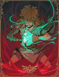 Rule 34 | 1boy, angry, archaic set (zelda), artist name, blonde hair, blood, blood from mouth, blue eyes, clenched teeth, glowing, glowing eye, glowing hand, glowing weapon, highres, hylian crest, link, looking at viewer, messy hair, nintendo, pointy ears, richard carey, shorts, single bare shoulder, sword, teeth, the legend of zelda, the legend of zelda: breath of the wild, the legend of zelda: tears of the kingdom, weapon