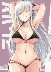 Rule 34 | 1girl, :q, ak-12 (girls&#039; frontline), alternate costume, armpits, arms behind head, bikini, black bikini, blush, braid, breasts, character name, cleavage, closed mouth, collarbone, french braid, front-tie bikini top, front-tie top, girls&#039; frontline, groin, hakuya (white night), half-closed eye, head tilt, large breasts, long hair, looking at viewer, micro bikini, navel, one eye closed, purple eyes, sidelocks, signature, skindentation, smile, solo, stomach, swimsuit, thighs, tongue, tongue out, very long hair, white hair
