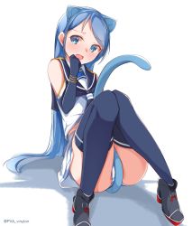 Rule 34 | 1girl, absurdres, animal ears, between legs, black gloves, black neckerchief, black sailor collar, black thighhighs, blue eyes, blue hair, cat ears, cat tail, commentary request, elbow gloves, fang, gloves, gradient hair, highres, kantai collection, kemonomimi mode, knees together feet apart, long hair, looking at viewer, multicolored hair, neckerchief, open mouth, panties, pantyshot, sailor collar, samidare (kancolle), school uniform, serafuku, shirt, simple background, sitting, skin fang, sleeveless, sleeveless shirt, solo, swept bangs, tail, tail between legs, tears, thighhighs, twitter username, underwear, uut, very long hair, white background, white panties, white shirt